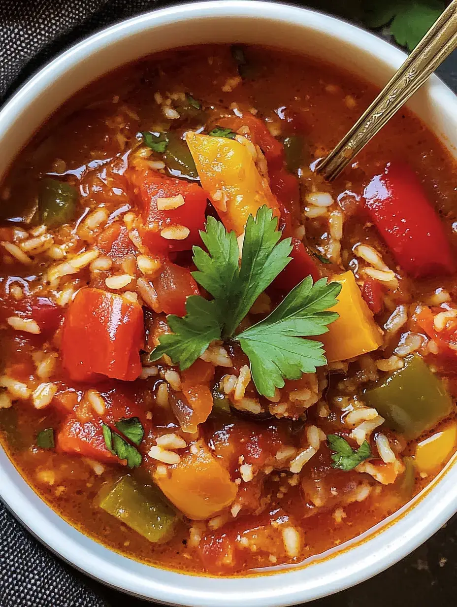 A bowl filled with colorful vegetables, rice and parsley in a spicy tomato sauce.