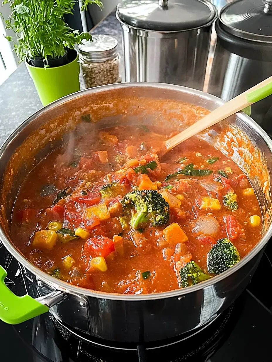 A steaming pot with colorful vegetable soup sits on a stove, while herbs in a flowerpot can be seen in the background.