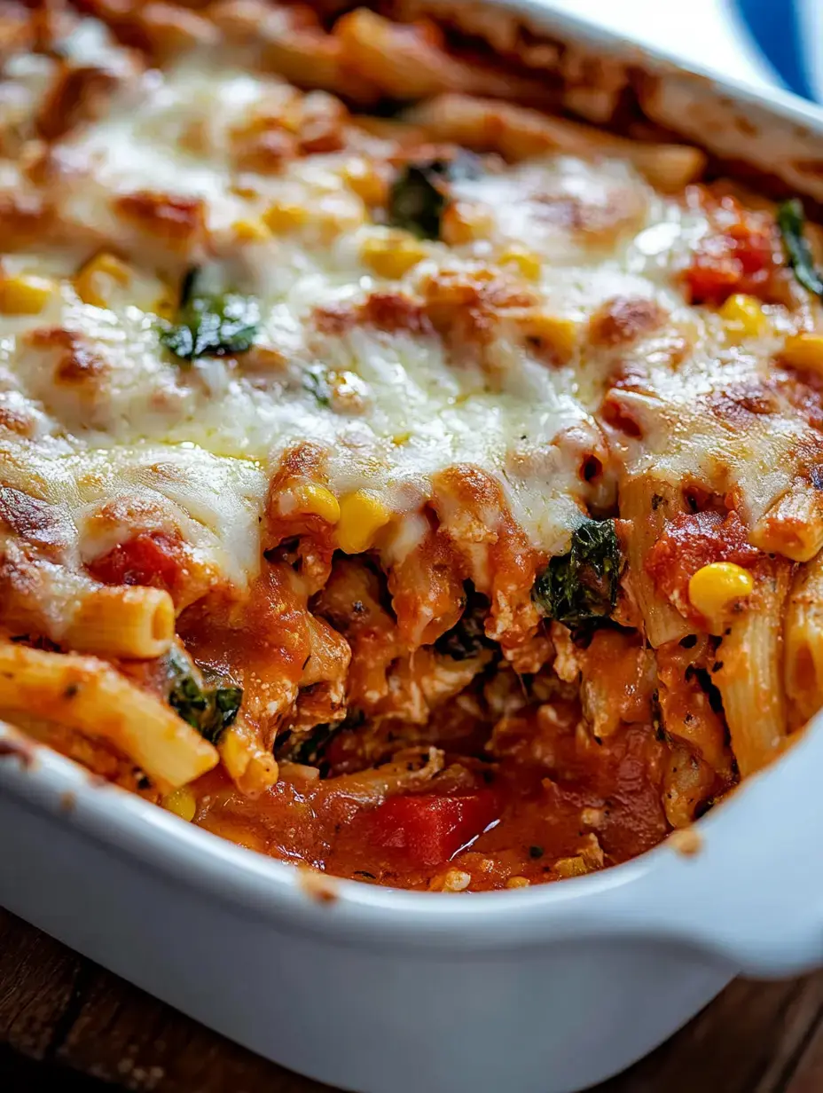 A bake with pasta, cheese, spinach and tomato sauce served in a white casserole dish.