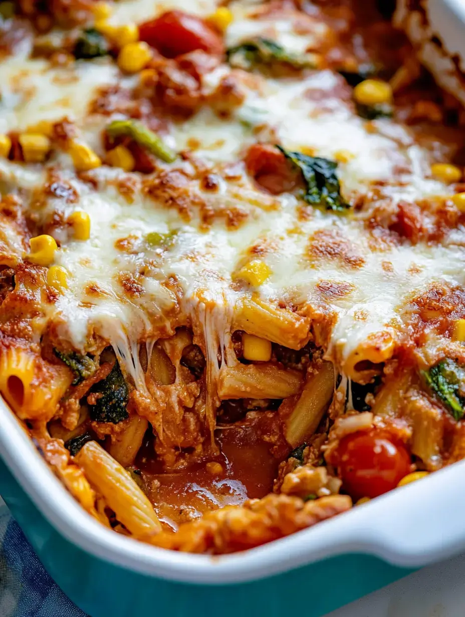 A bake with macaroni, ground meat, tomatoes, spinach, corn and melted cheese in a white casserole dish.
