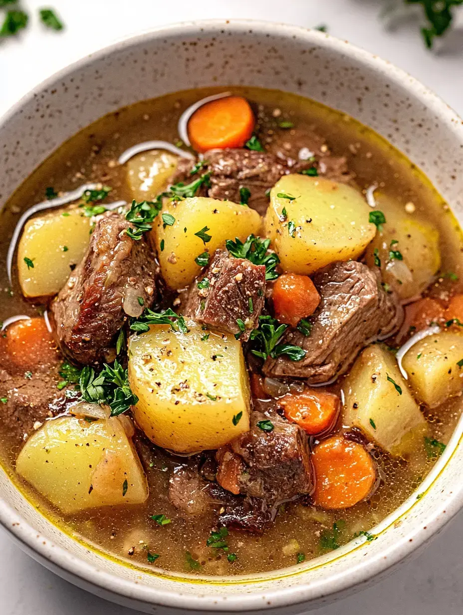 A plate of hearty beef soup filled with potatoes, carrots and fresh herbs.