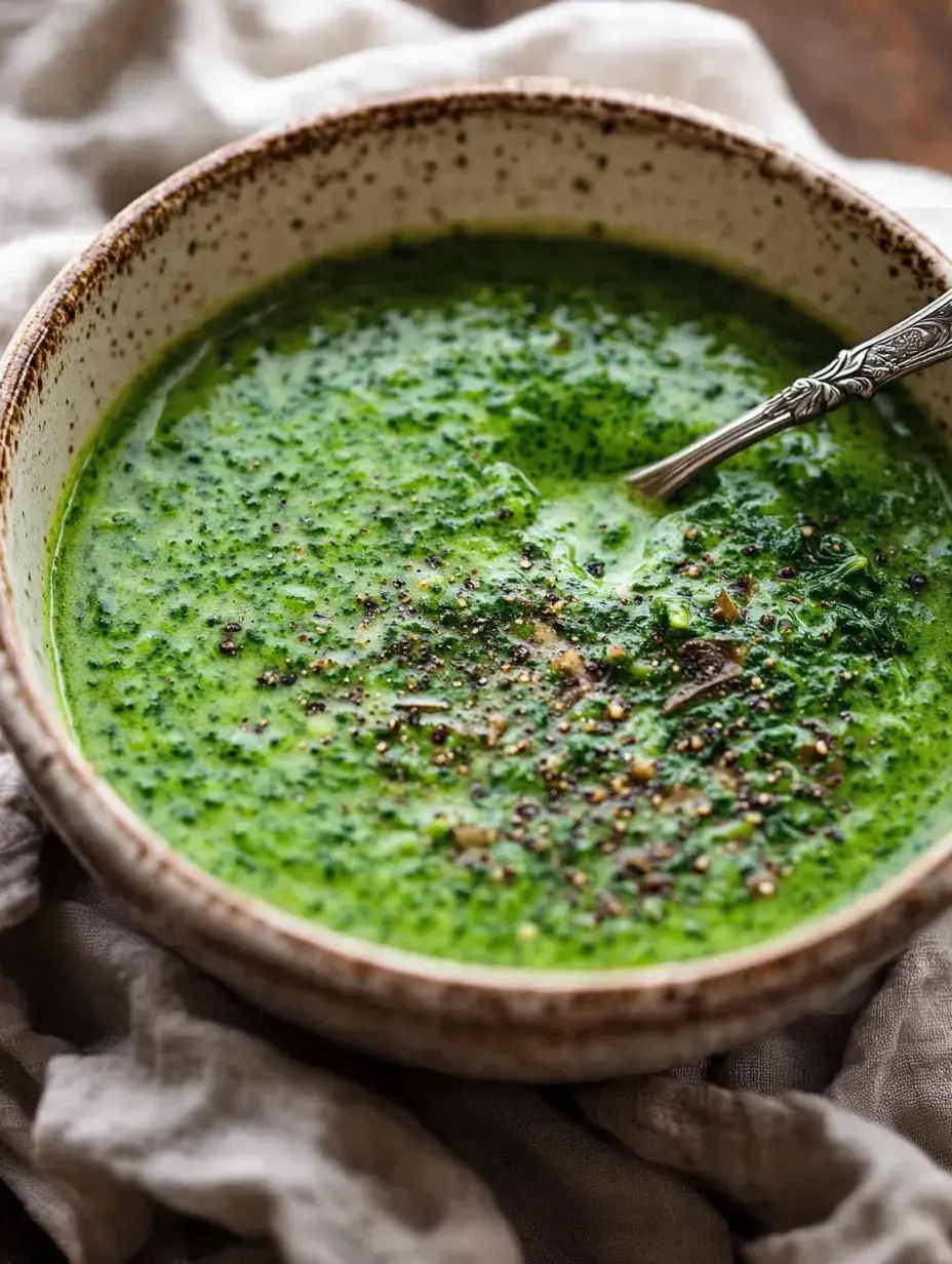 A bowl of green soup garnished with spices, placed on a cloth.