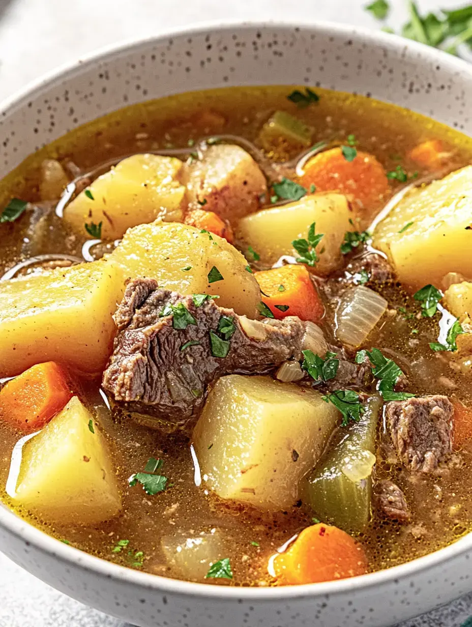 A bowl of savory stew with meat, potatoes, carrots and parsley.