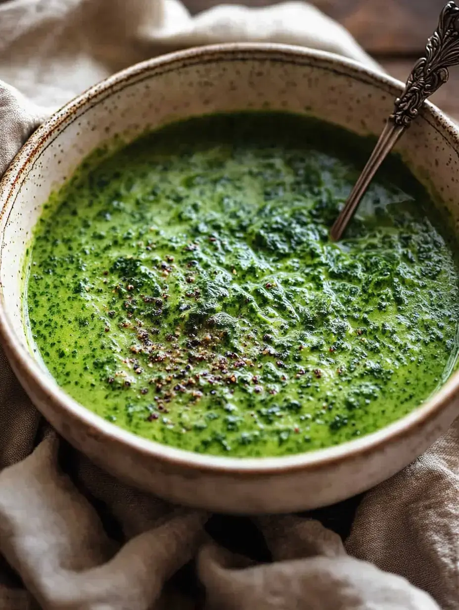 A bowl of creamy green soup sprinkled with powdered pepper and surrounded by a gray cloth.