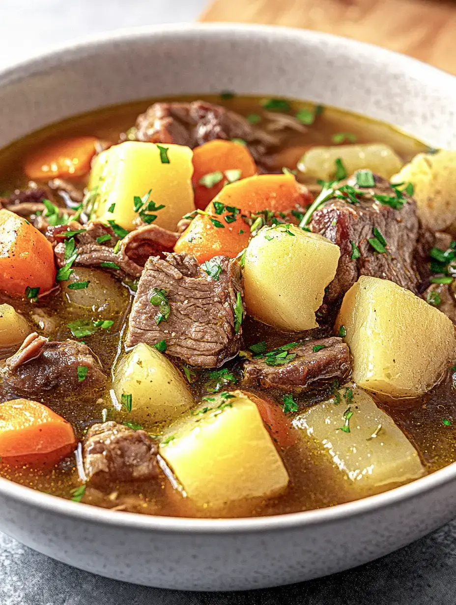 A bowl of savory stew with meat, potatoes and carrots, topped with fresh parsley.