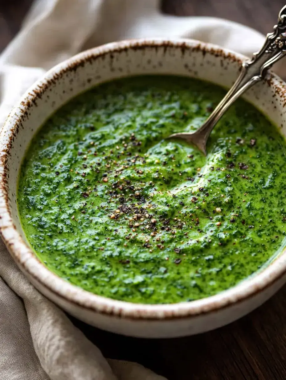 A bowl of green herb sauce garnished with black pepper.