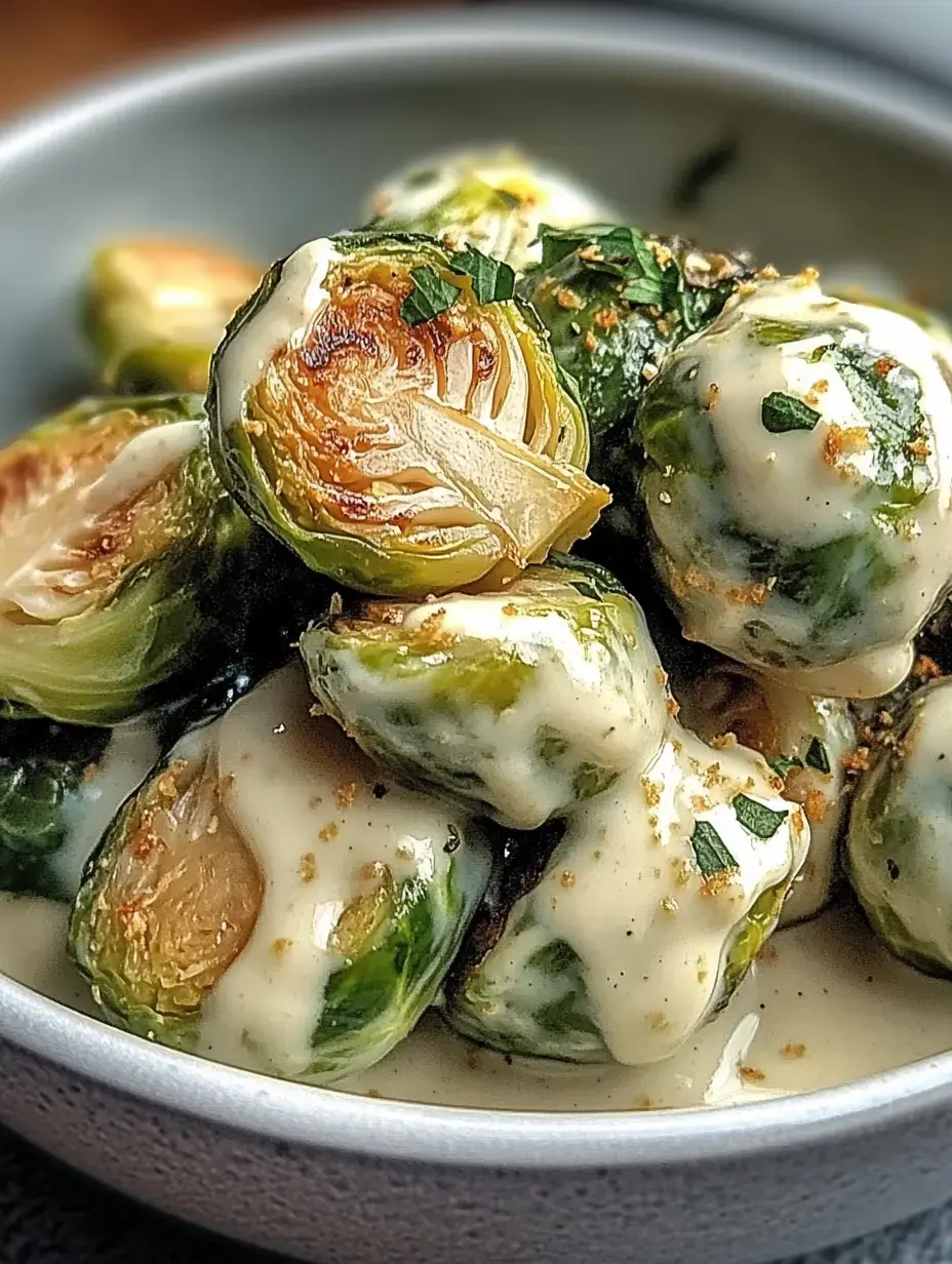 Green Brussels sprout heads coated with a velvety sauce and fresh parsley in a bowl.