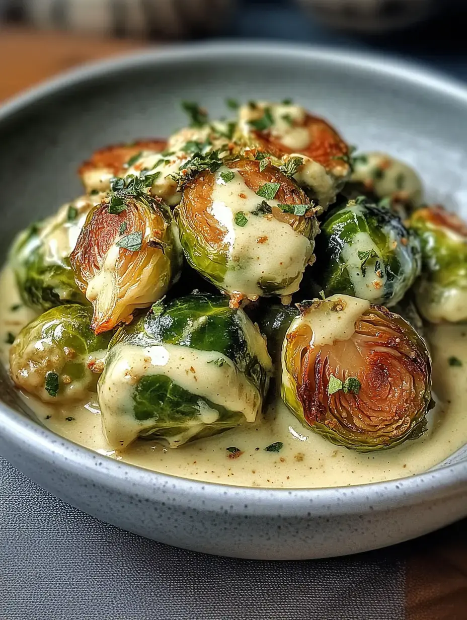 A plate with roasted Brussels sprouts covered in creamy sauce and topped with fresh herbs.