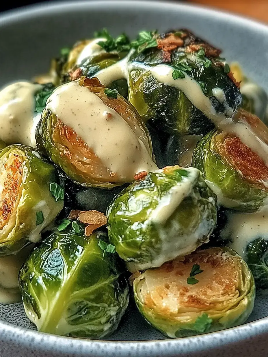 A close-up showing sautéed Brussels sprout florets garnished with creamy sauce and fresh parsley.