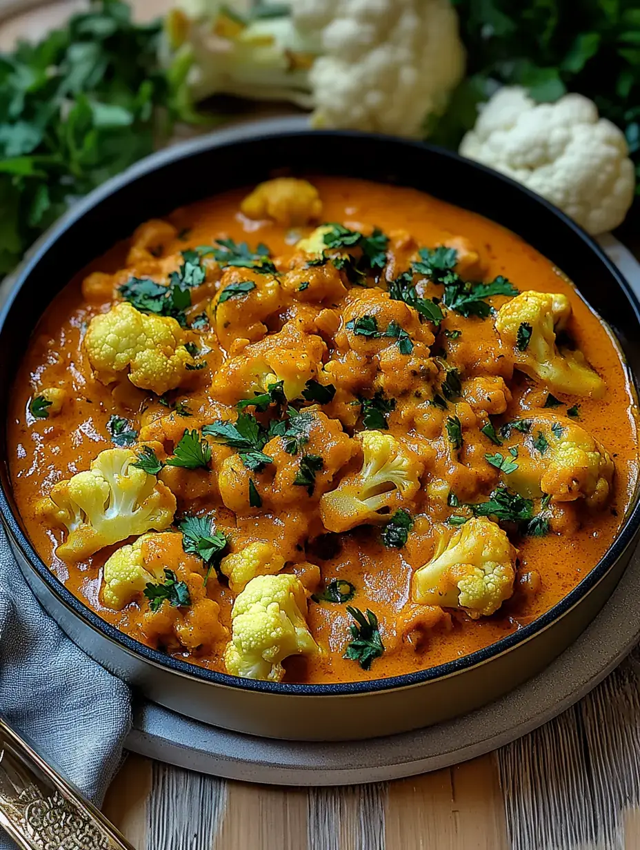 A plate featuring cauliflower in a spicy, orange sauce, topped with fresh cilantro.
