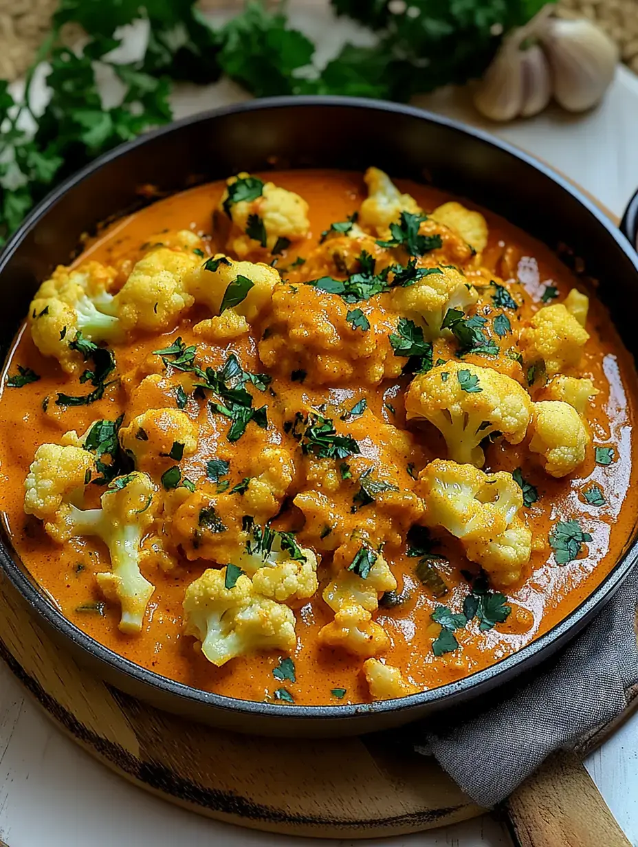 A dish with cauliflower in a rich, spicy sauce, finished with fresh cilantro on top.