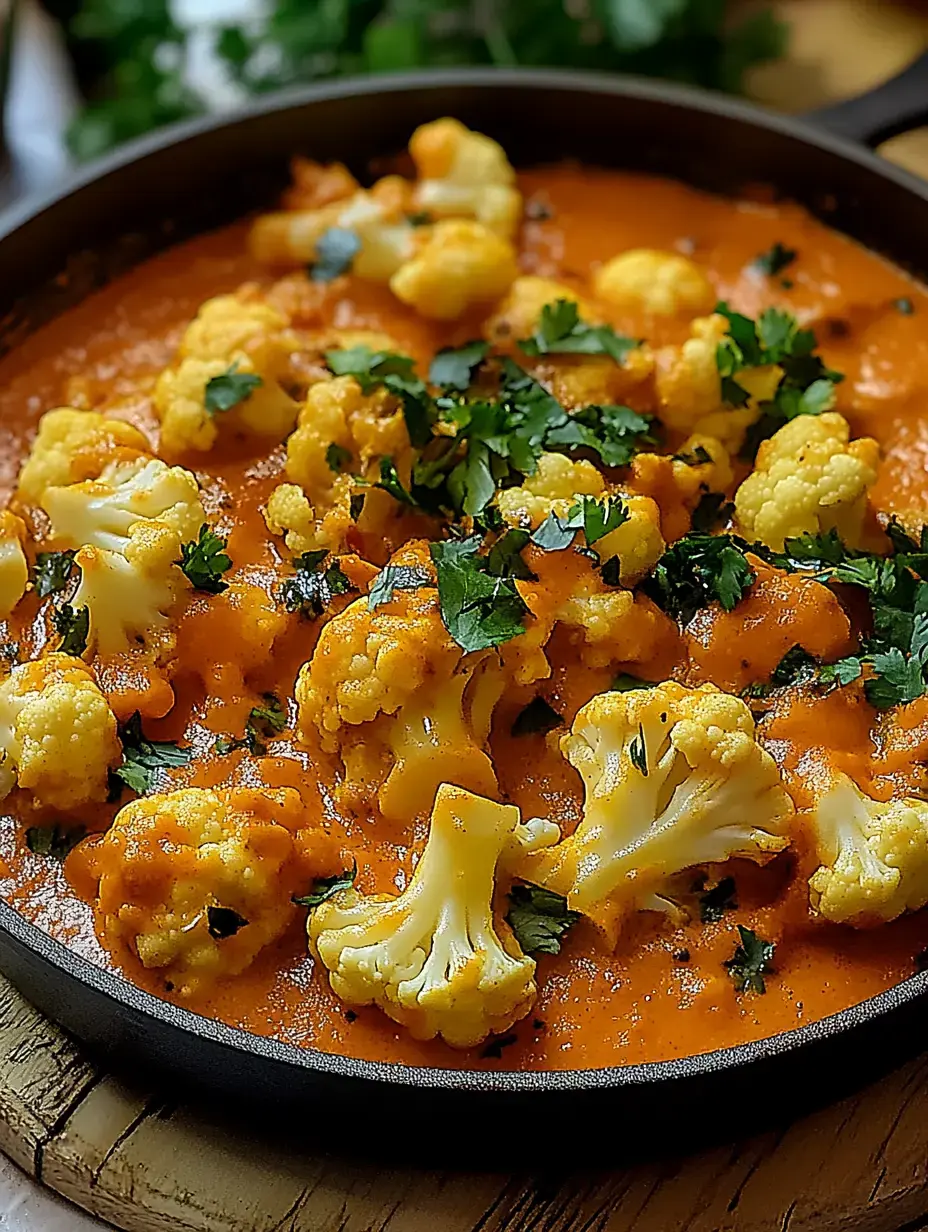 A pan dish with cauliflower in a creamy tomato sauce, decorated with fresh cilantro.