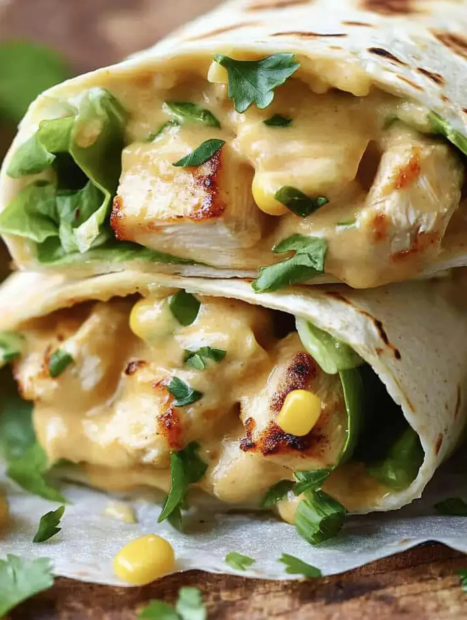 A closer look at two filled tortillas topped with grilled chicken, green bell pepper, corn and a creamy sauce.