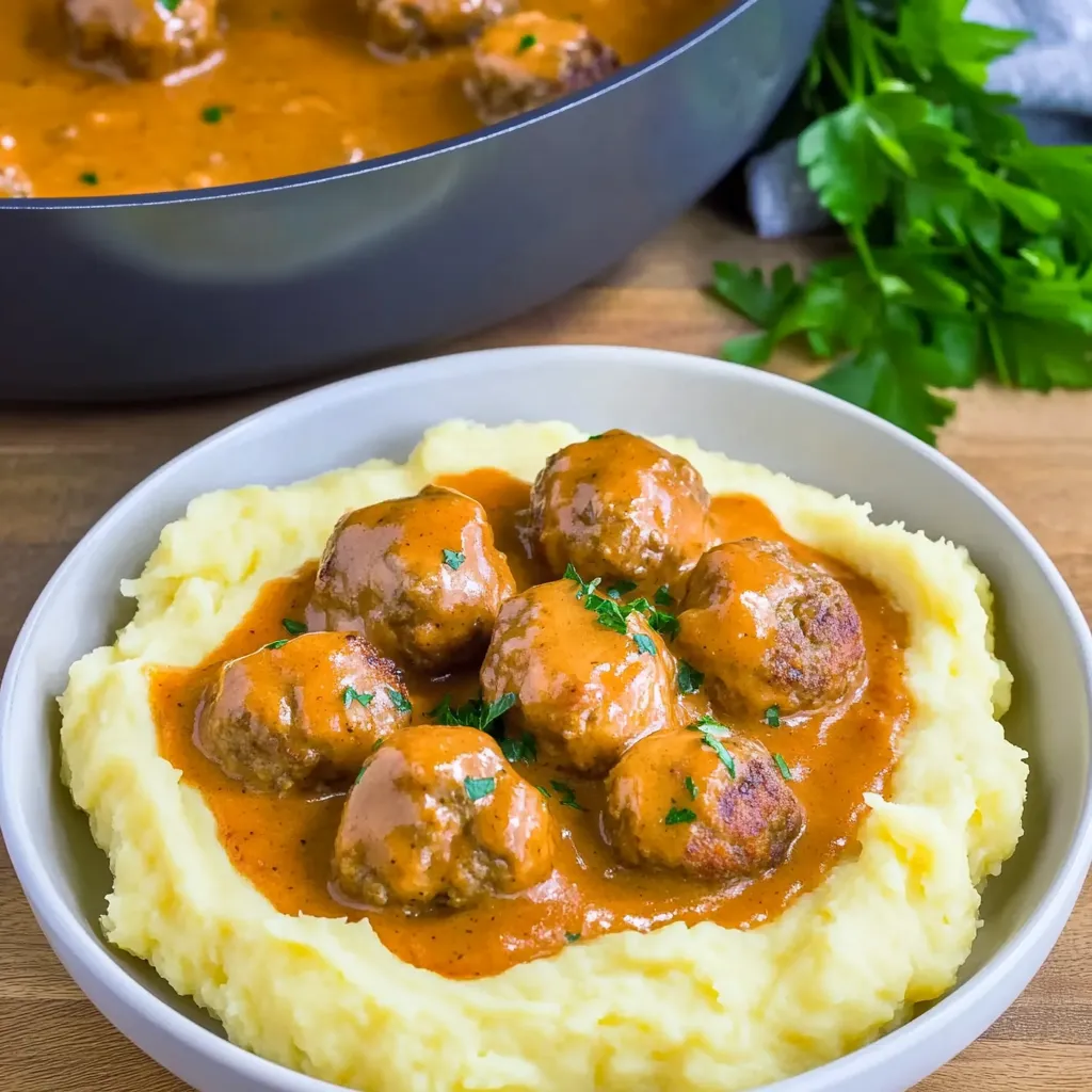 Juicy Meatballs in Cream Sauce with Mashed Potatoes