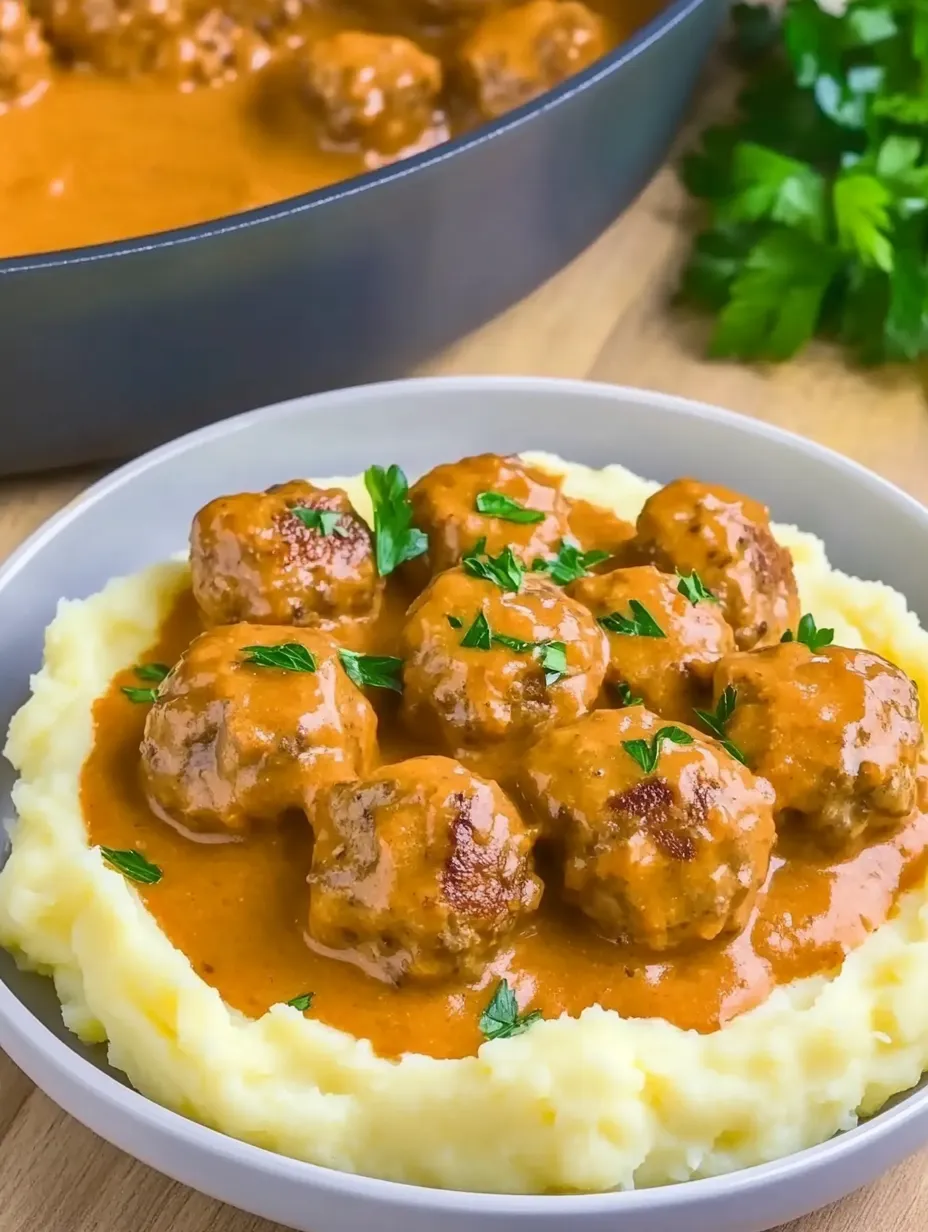 Hearty Meatballs in Creamy Sauce on Mashed Potatoes