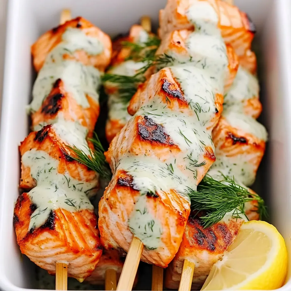 Mouthwatering Grilled Salmon Skewers with Creamy Sauce