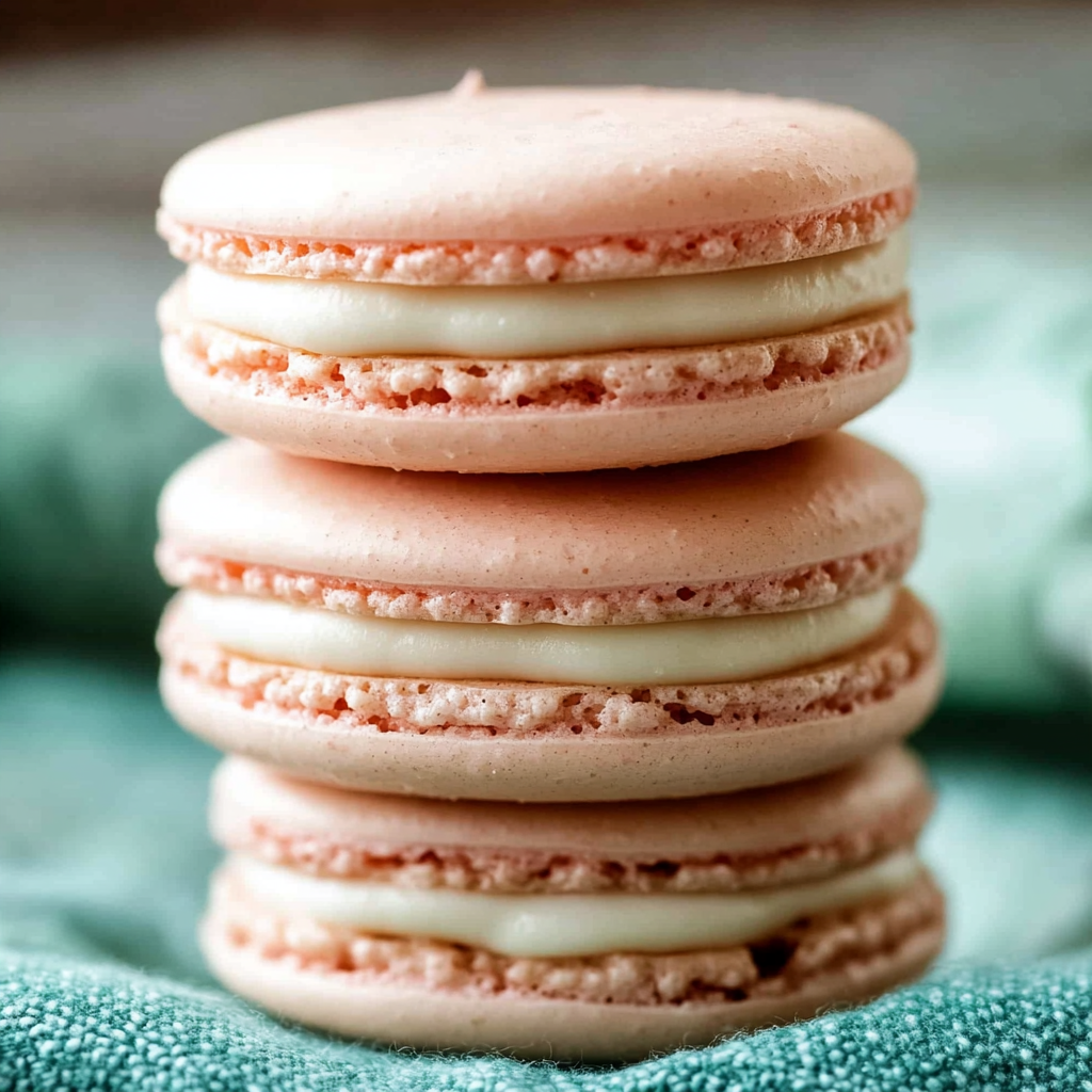 A stack of pink and white macaroons.
