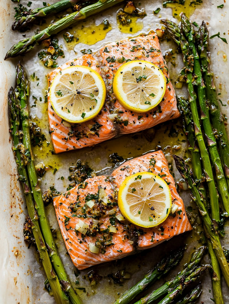 Two pieces of salmon with lemon wedges on top.