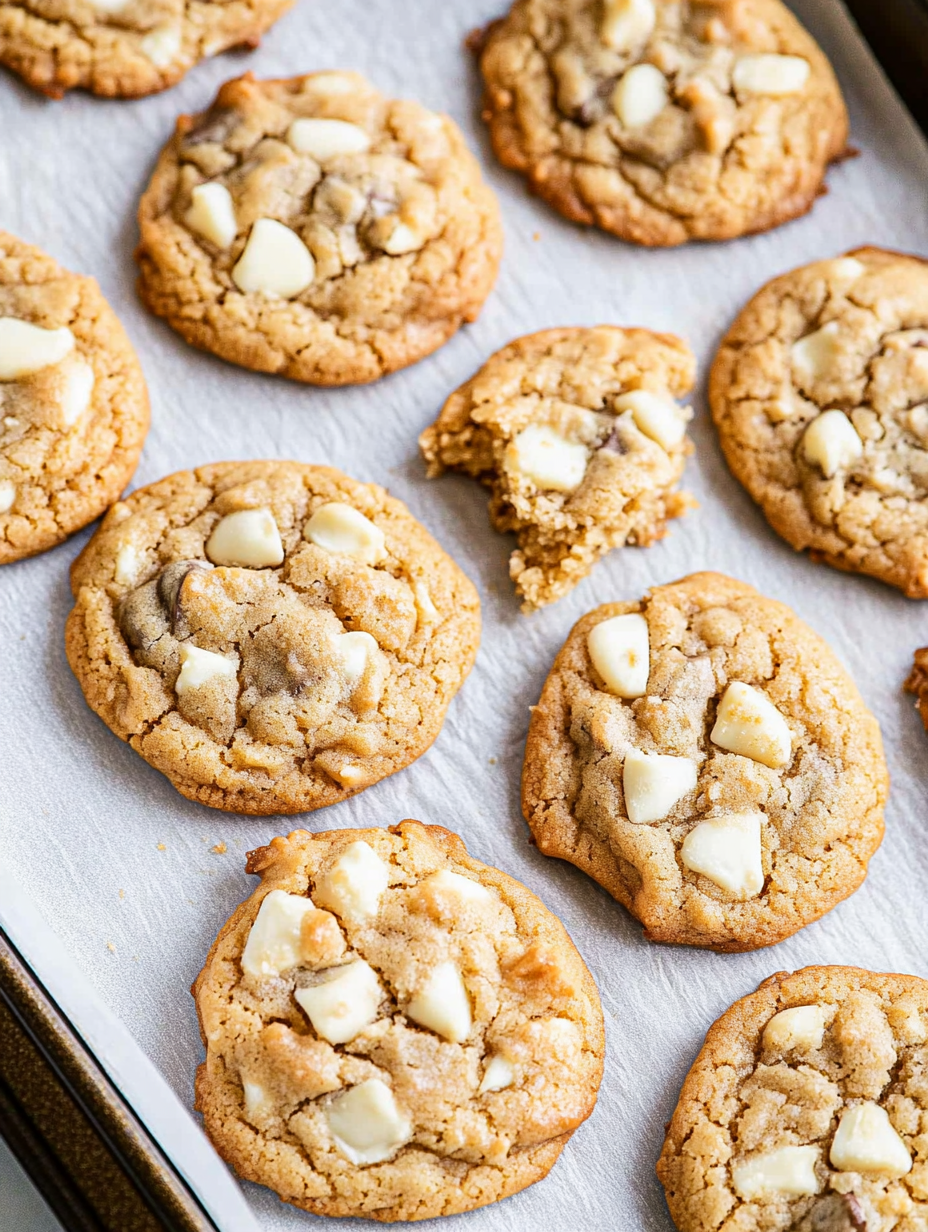 A tray of cookies with white chocolate chips.
