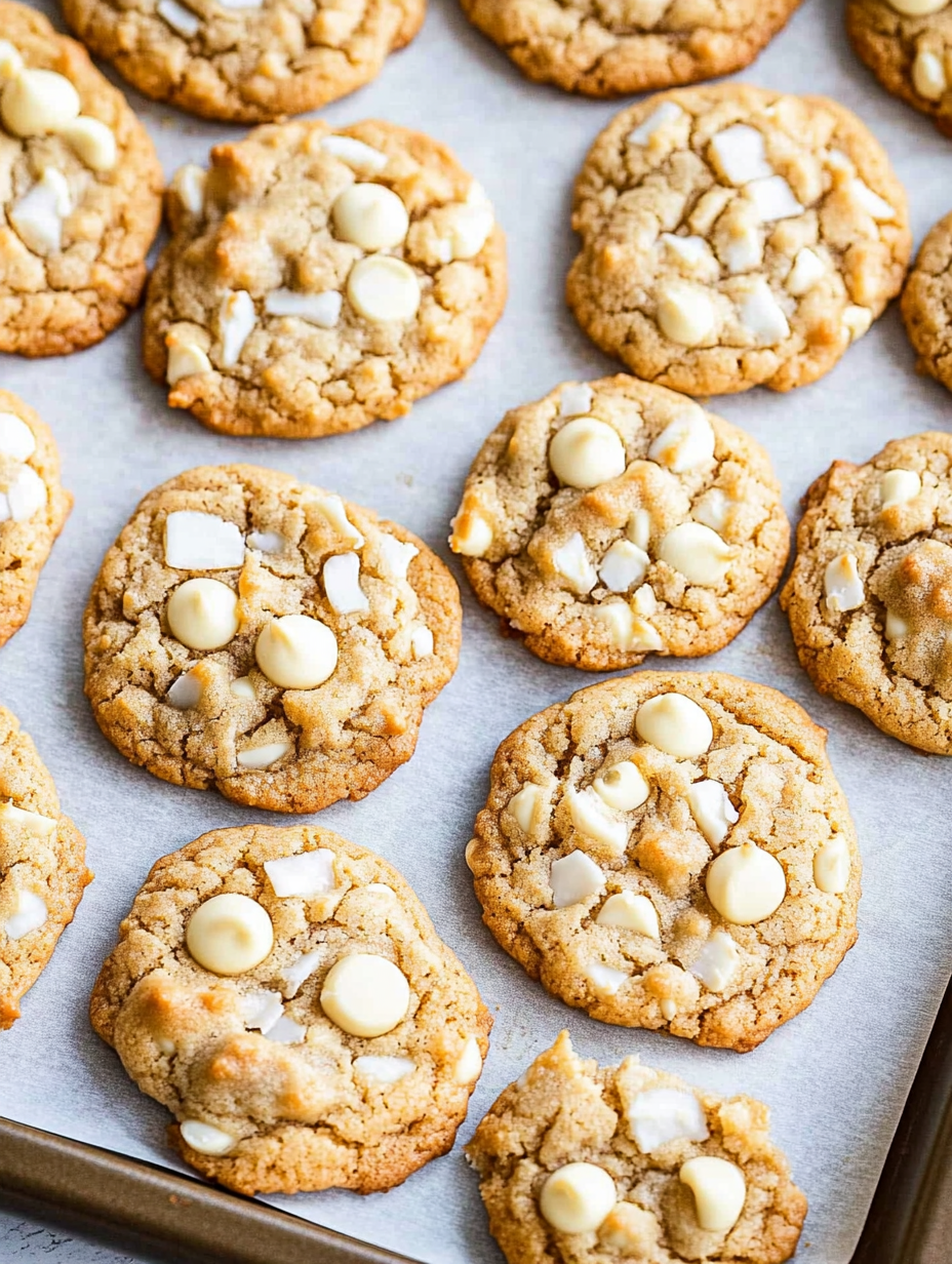 A tray of cookies with white chocolate chips.