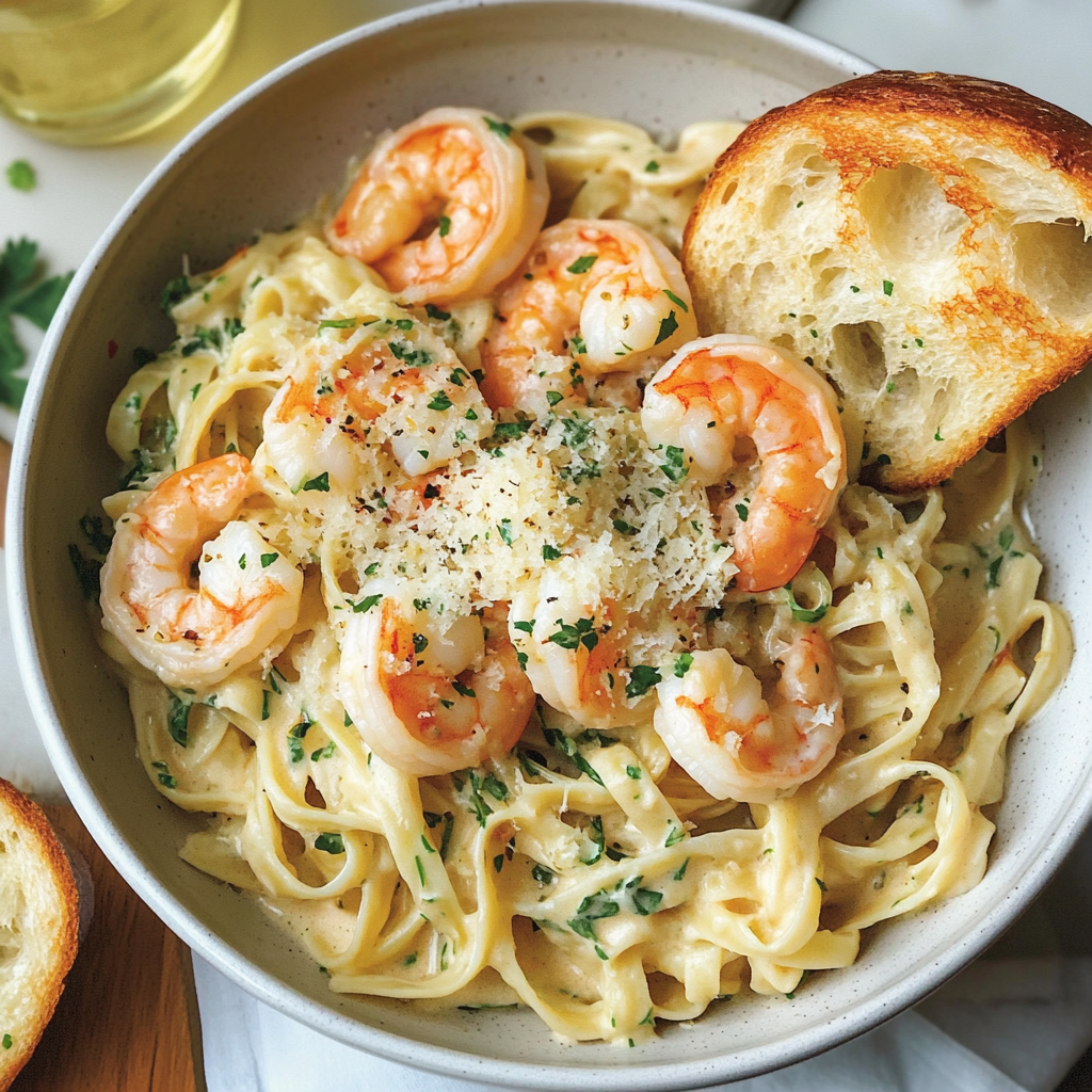 A bowl of shrimp and pasta with a slice of bread on the side.