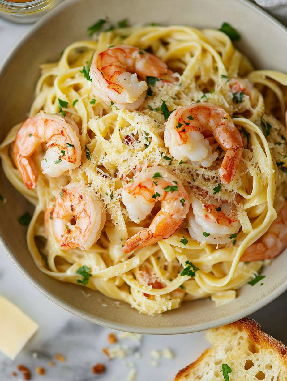 A bowl of shrimp and pasta.