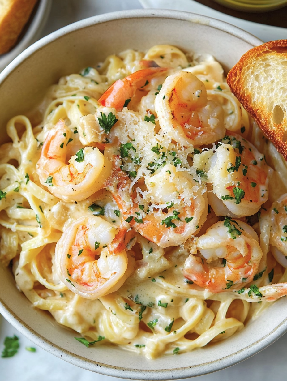 A bowl of shrimp and pasta.