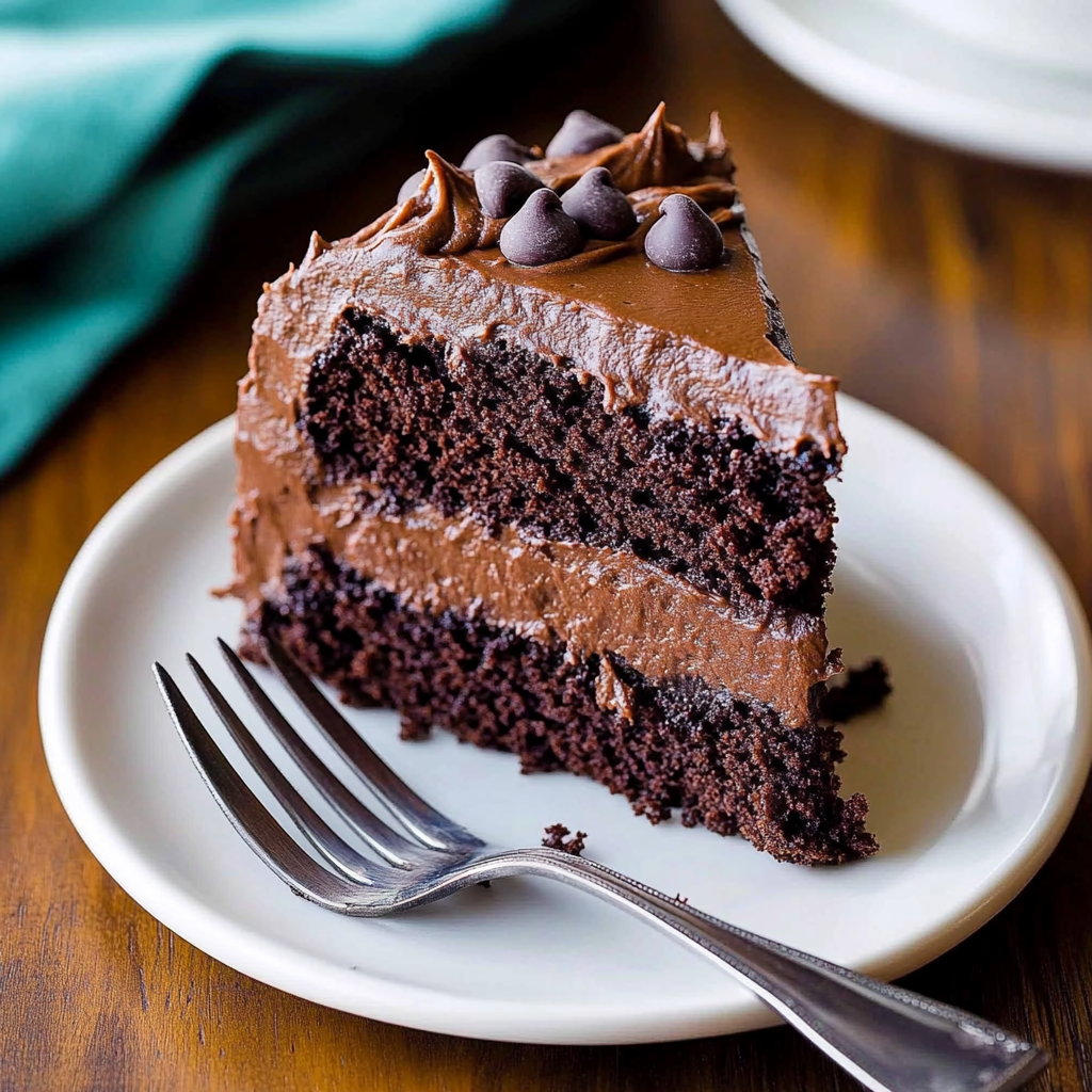 A slice of chocolate cake on a plate.