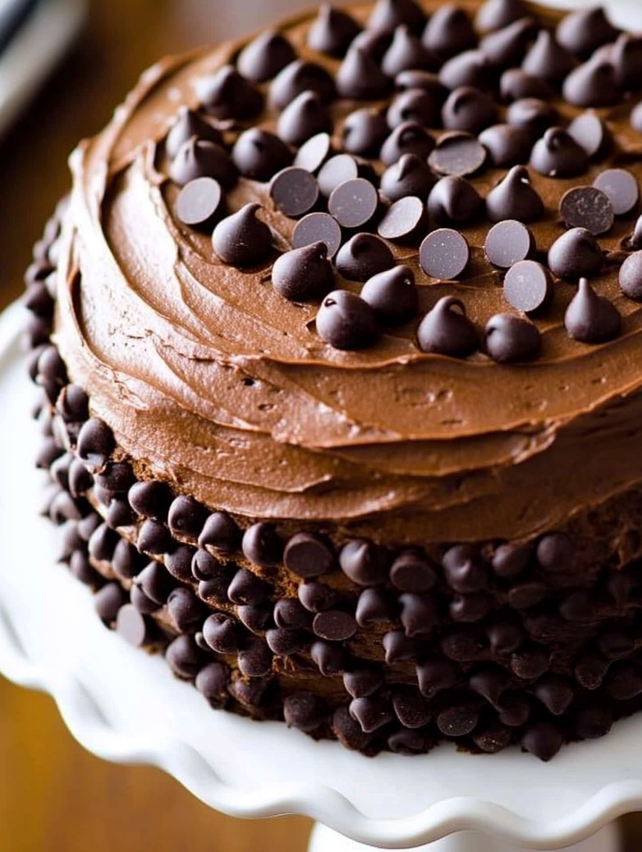 A chocolate cake with chocolate chips.