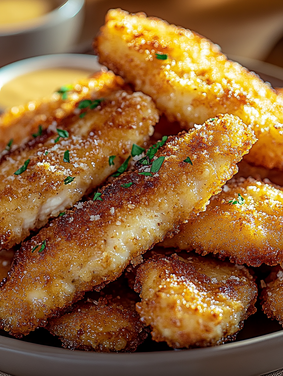 A plate of breaded chicken with a green garnish.