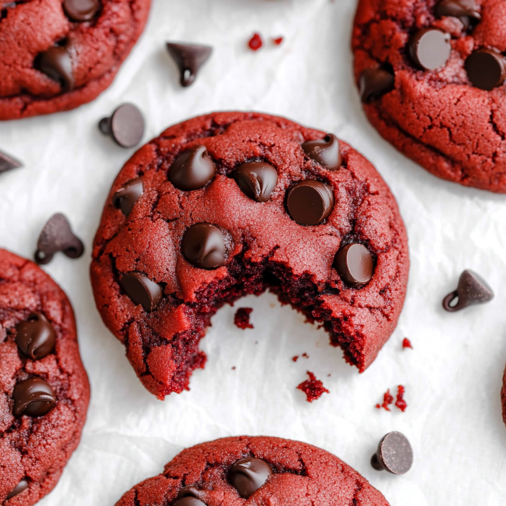 Red velvet cookies with chocolate chips.