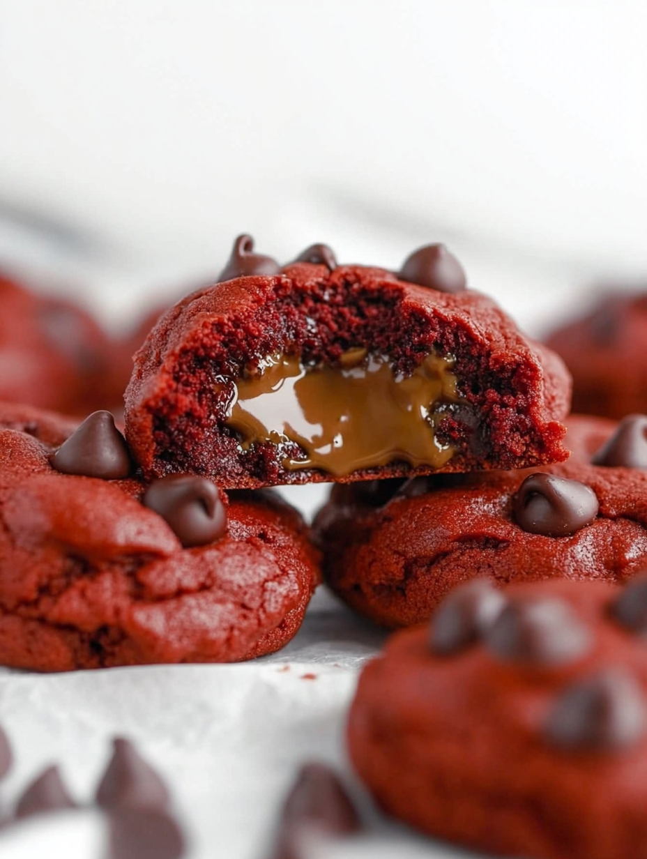 A red velvet cupcake with chocolate drizzle.