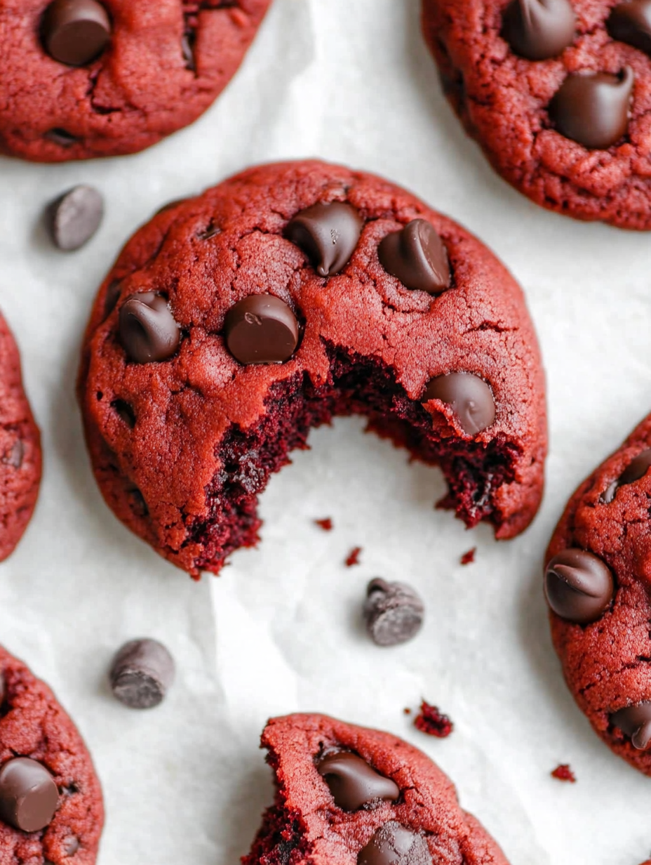 A red chocolate chip cookie with a bite taken out of it.