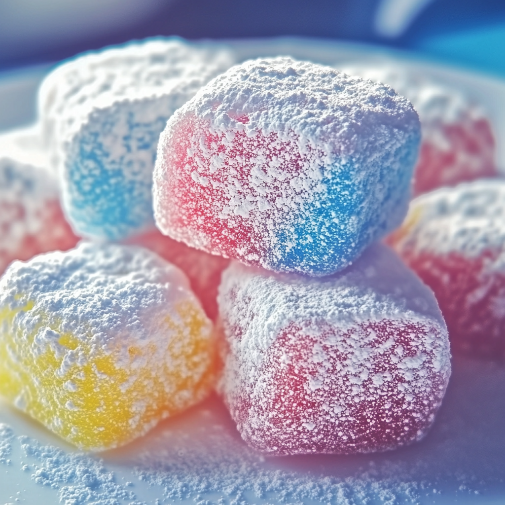 A plate of colorful powdered sugar donuts.