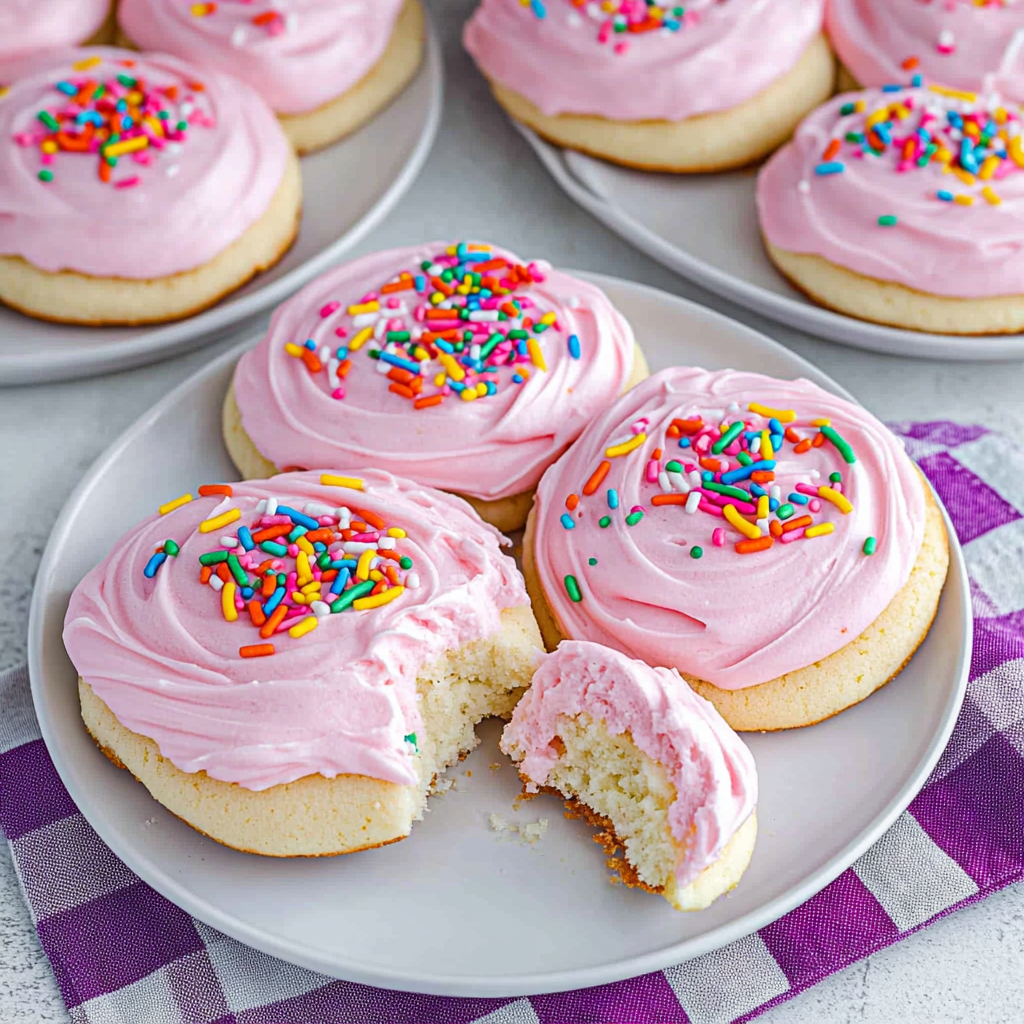 A plate of pink frosted cookies with sprinkles.