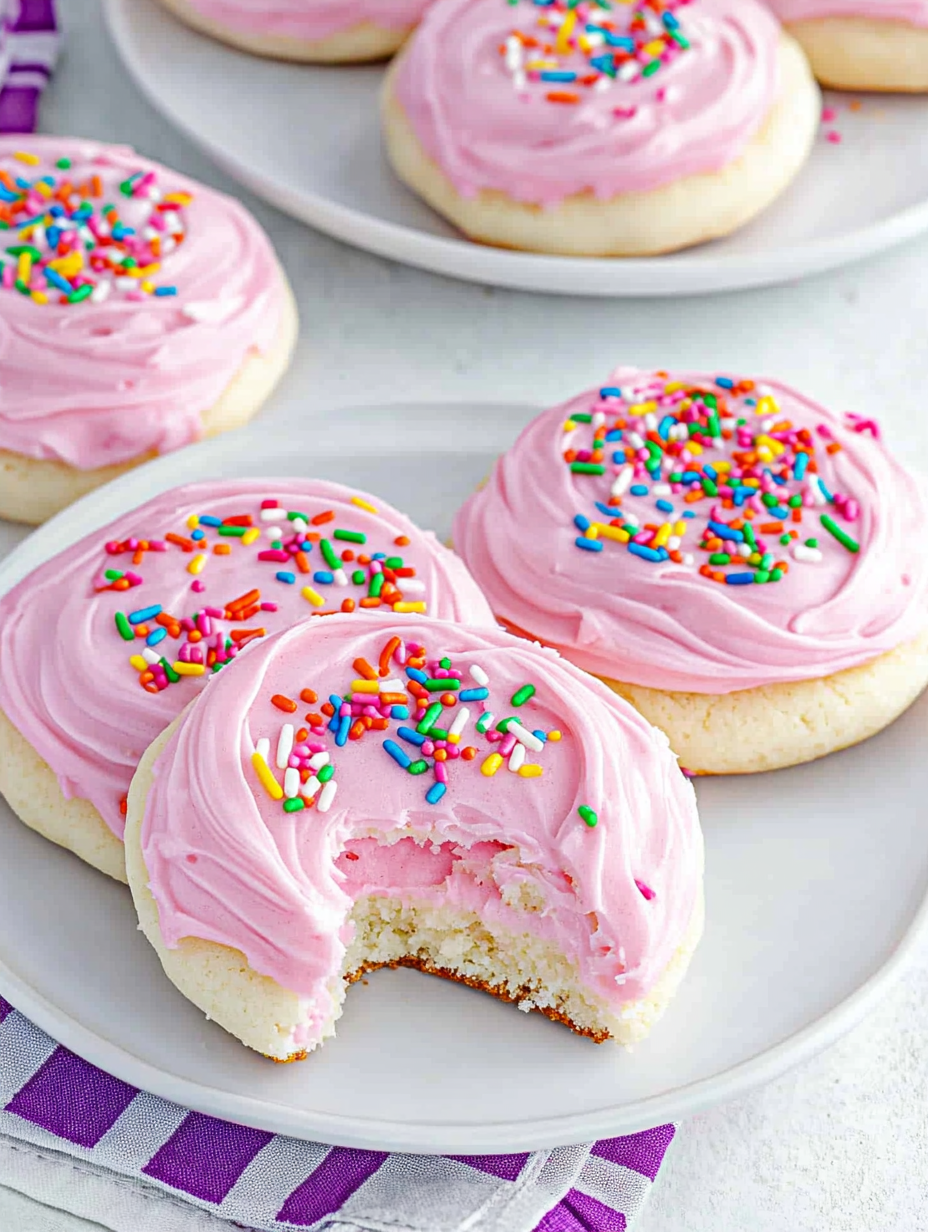 A plate of pink frosted cookies with sprinkles.