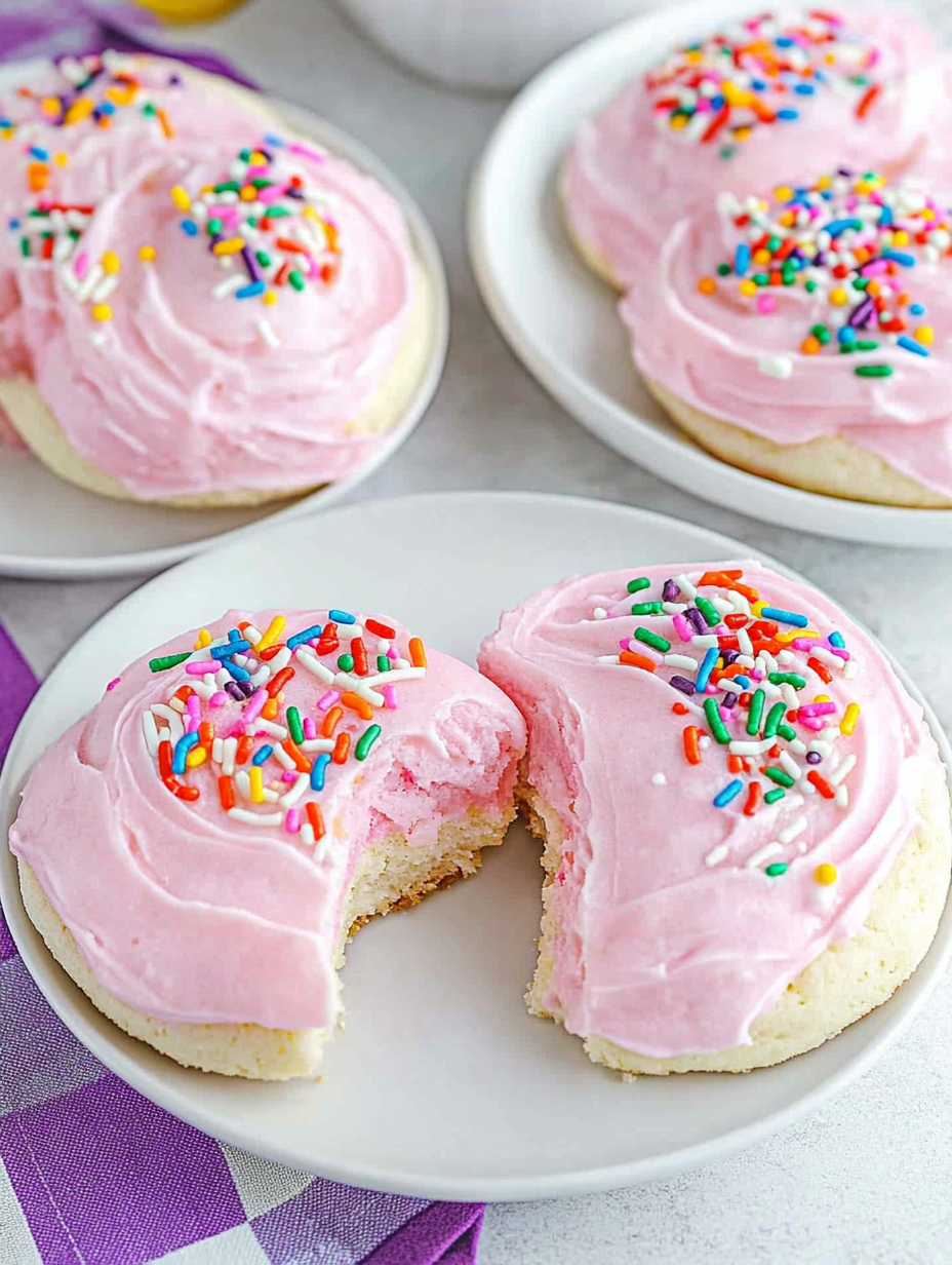 A slice of pink frosted cookie with sprinkles.