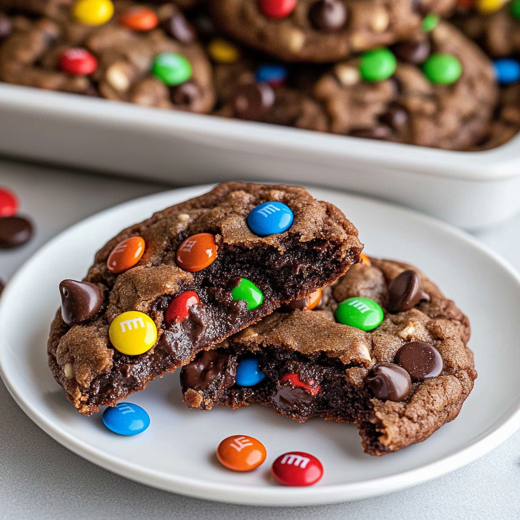 A plate of chocolate chip cookies with m&m's on top.