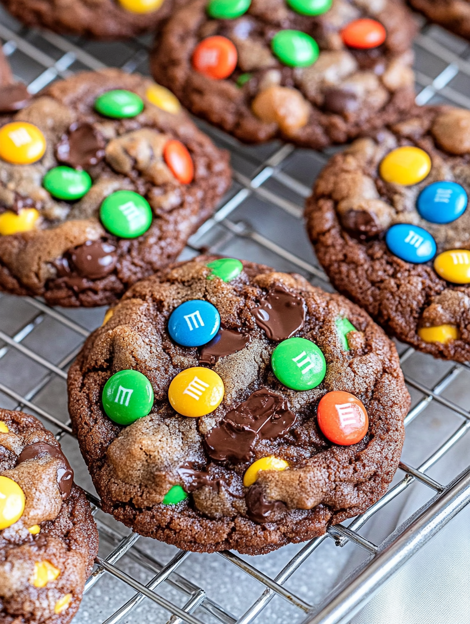 A tray of cookies with M&M's and chocolate chips.