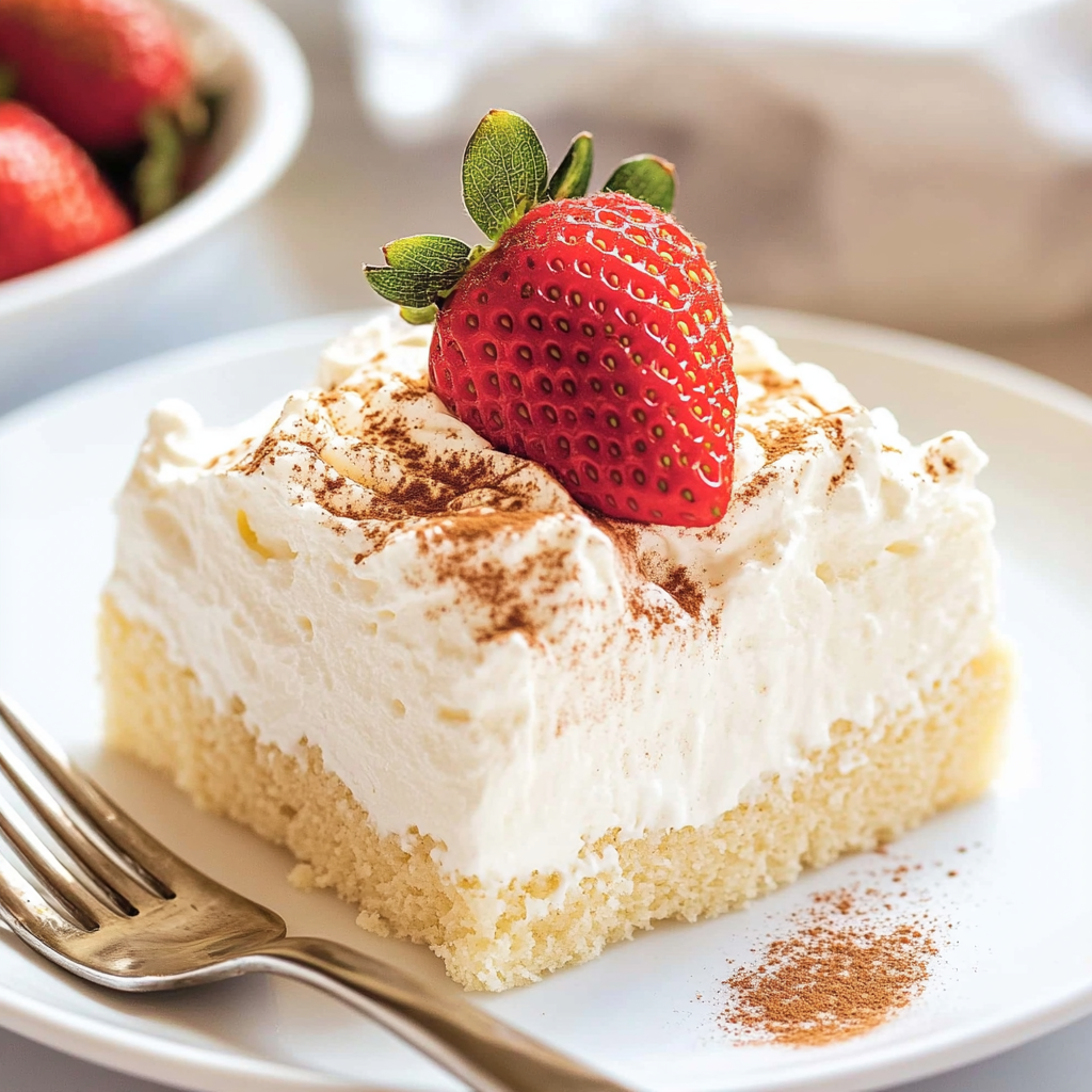 A slice of cake with a strawberry on top.