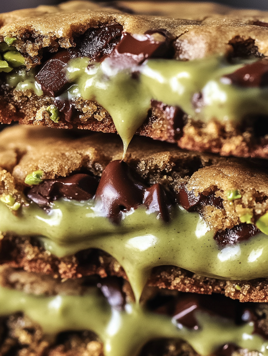 Chocolate chip cookies with green icing.