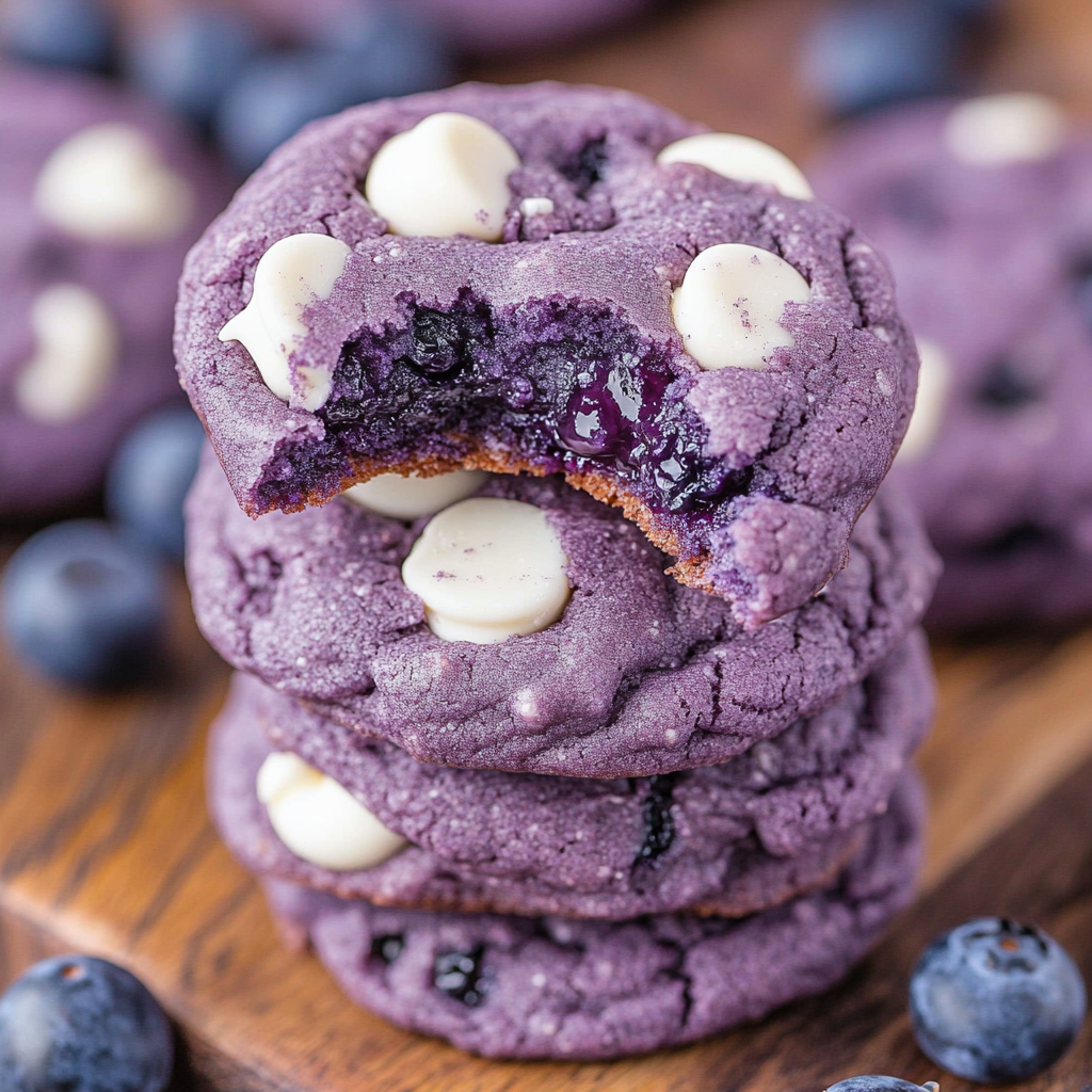A stack of purple cookies with white chocolate chips.