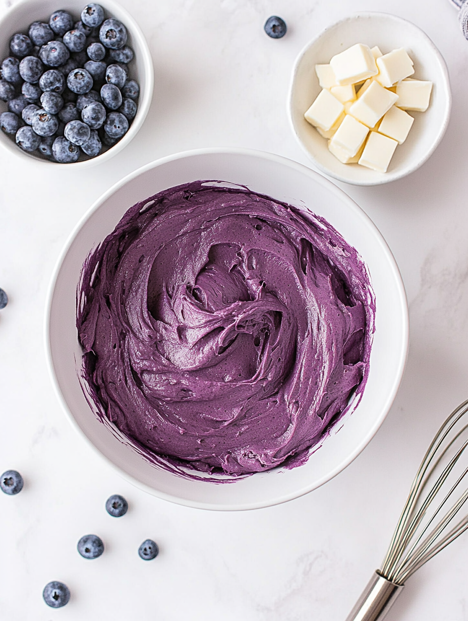 A bowl of purple frosting with blueberries on the side.