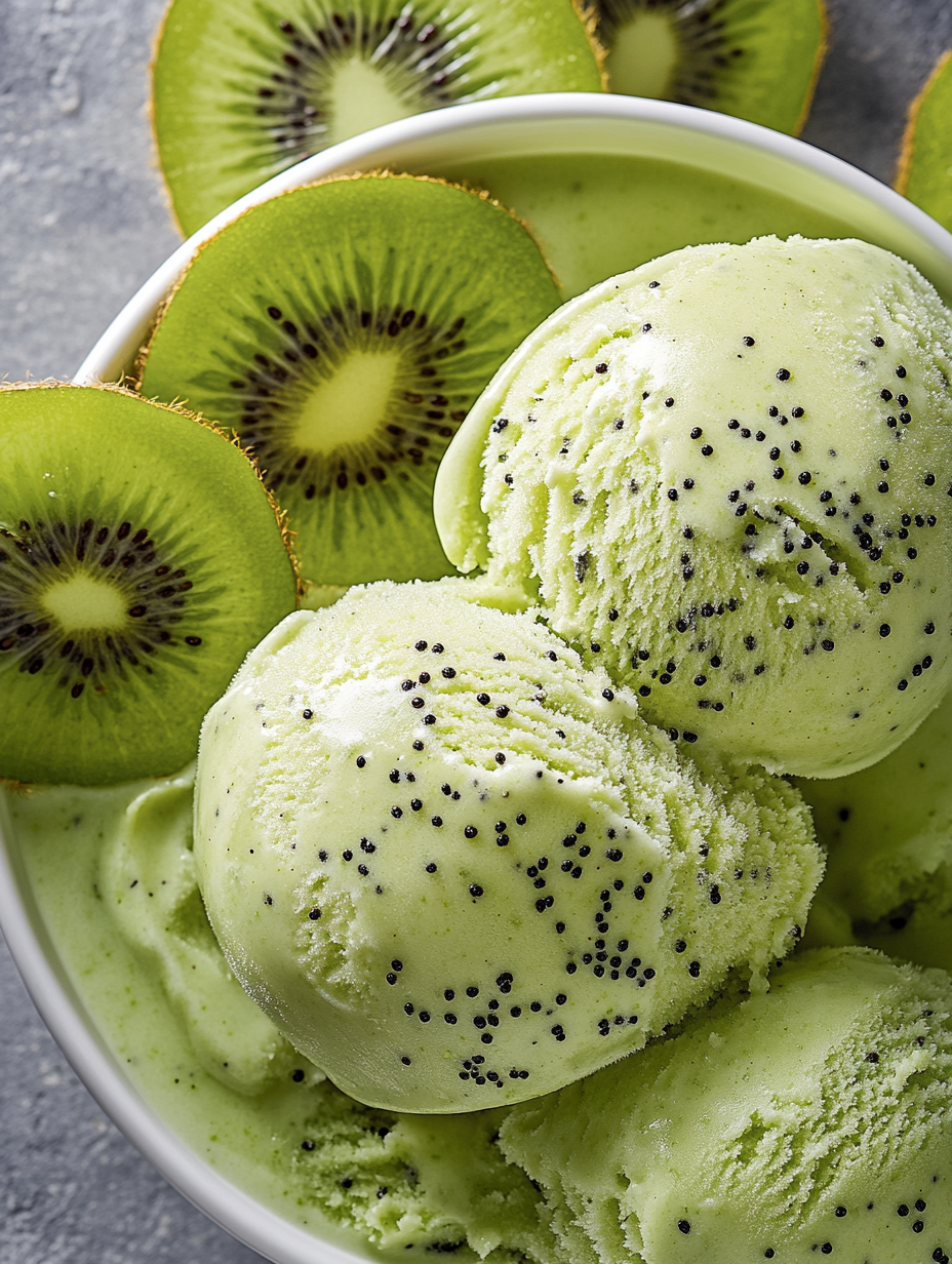 A bowl of green ice cream with kiwi slices on top.