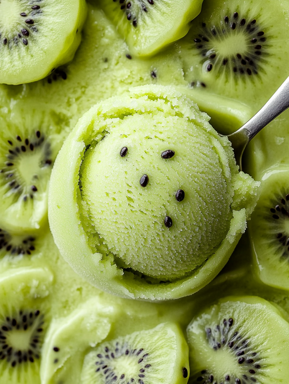 A scoop of green ice cream with kiwi fruit on top.