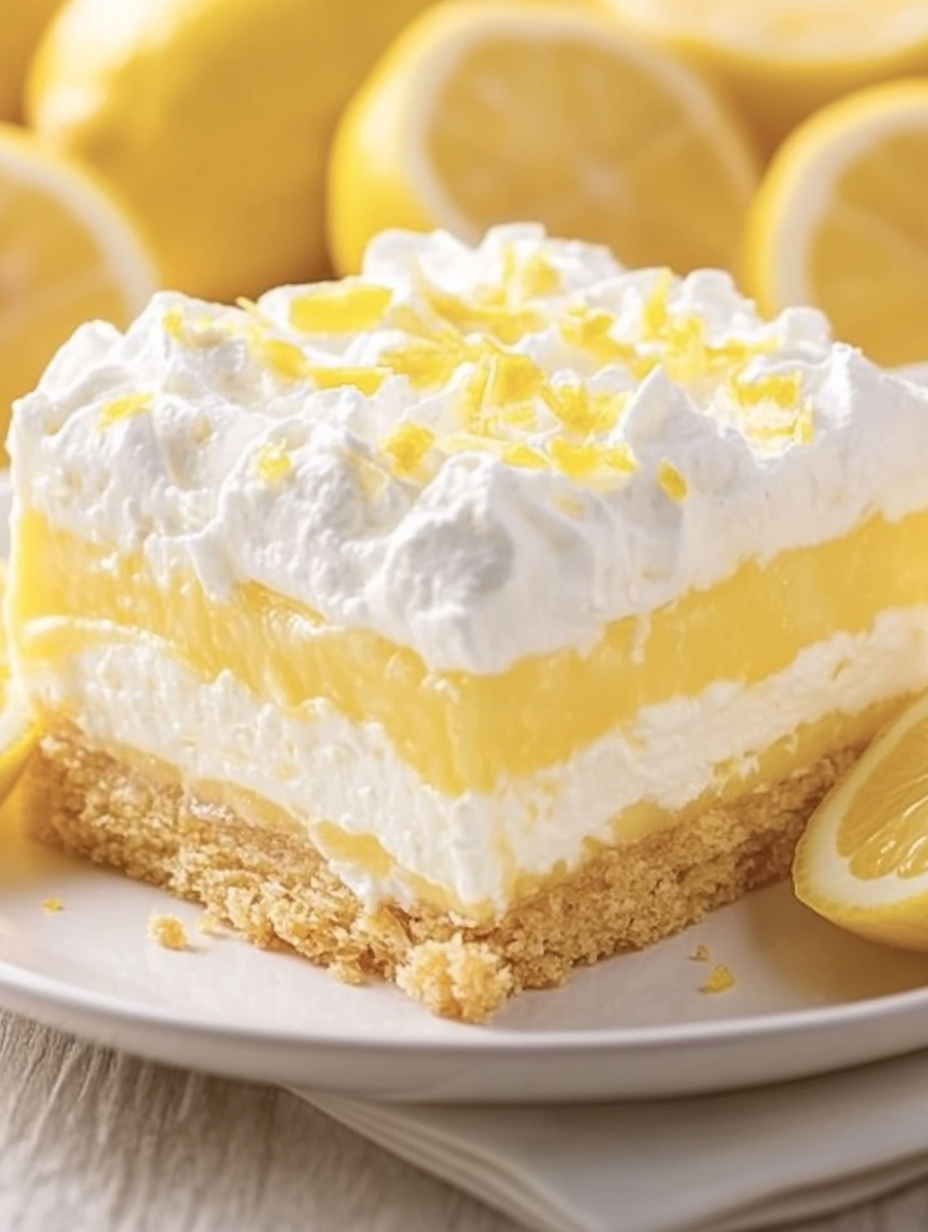 A slice of lemon cake with a lemon wedge on the side.