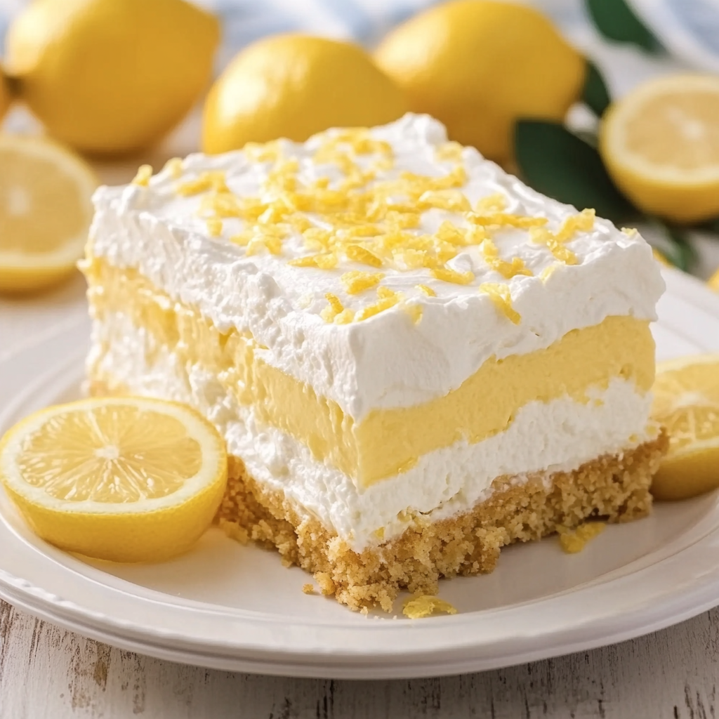A slice of lemon cake with lemon wedges on top.
