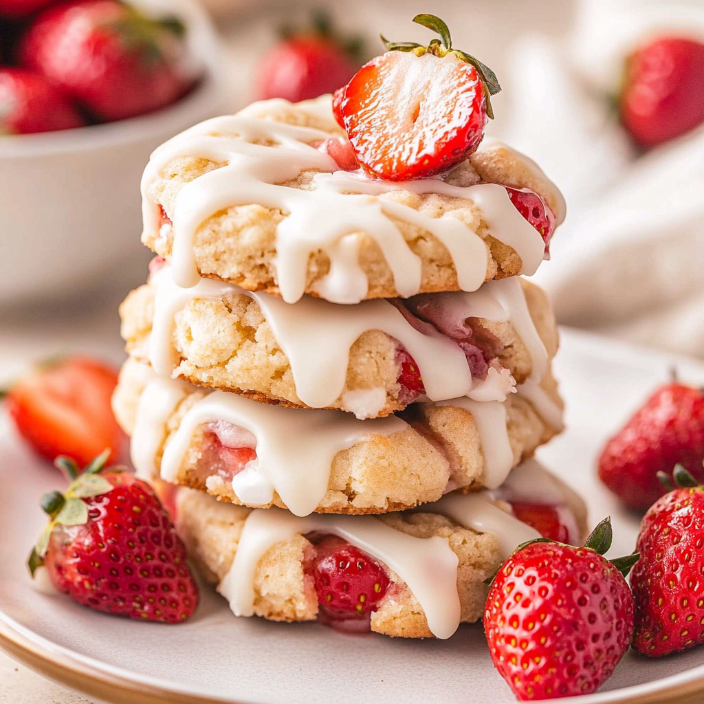 A stack of cookies with strawberries on top.