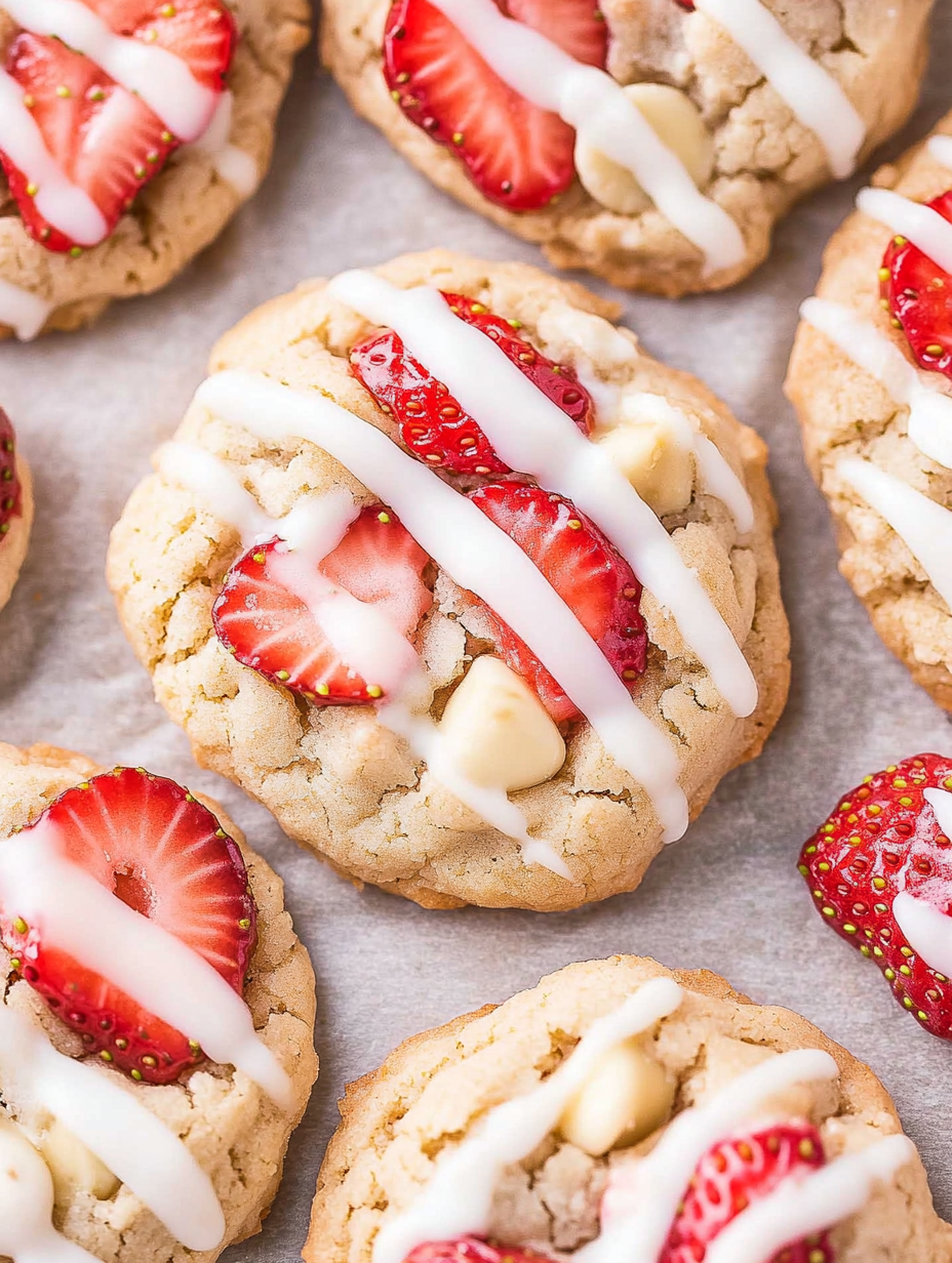 A cookie with white frosting and strawberries on top.
