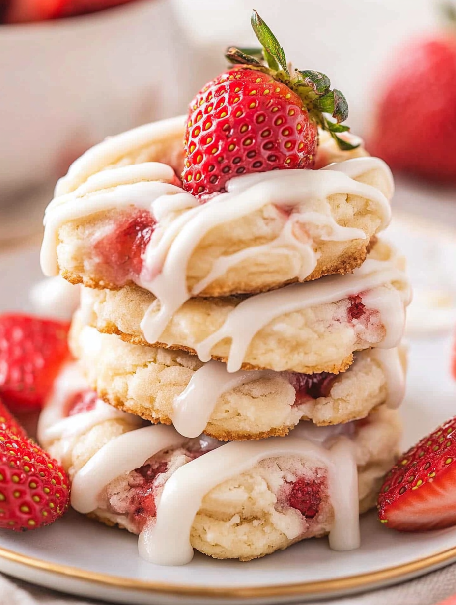 A stack of cookies with white icing and strawberries on top.